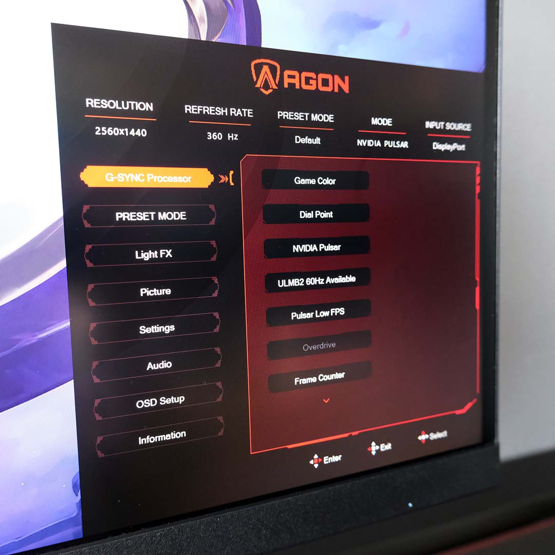 The OSD for the AOC Agon Pro AG276QSG2.