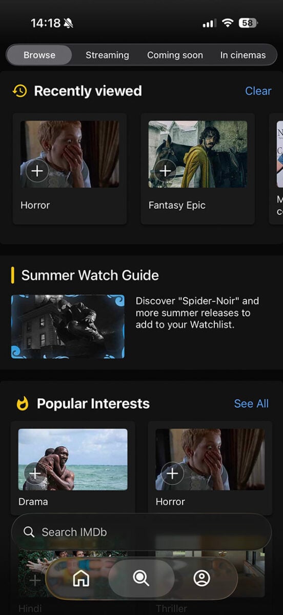 IMDB app in Apple iOS with Liquid Glasss enabled