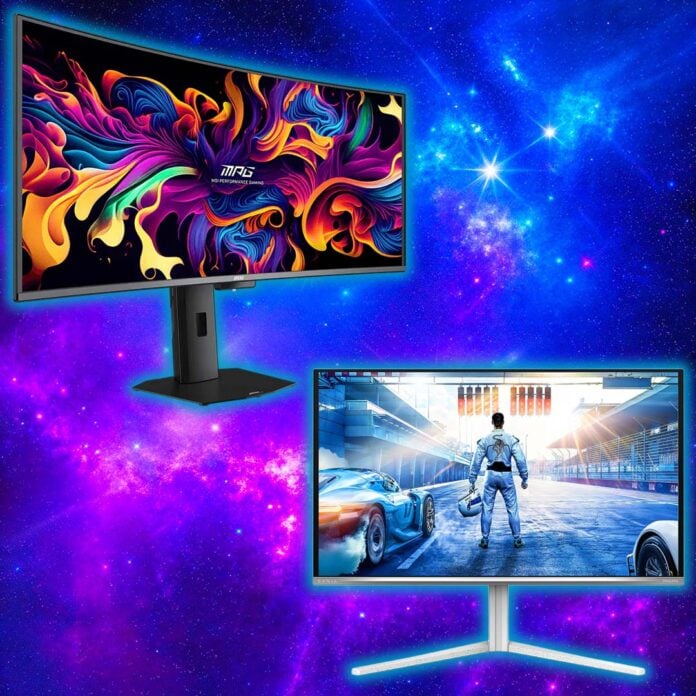 An MSI MPG ultrawide (top left) and Philips Evnia (bottom right) monitor, against a space nebula backdrop.