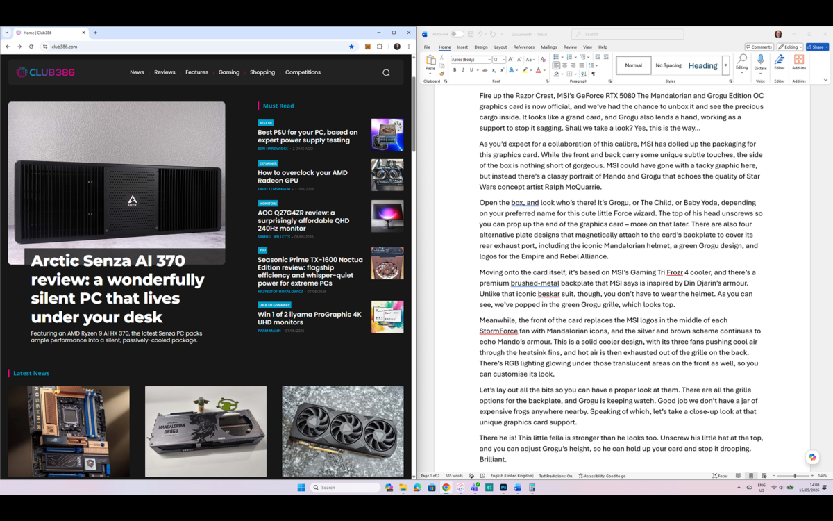Club386 website and Word doc with a 16:9 aspect ratio
