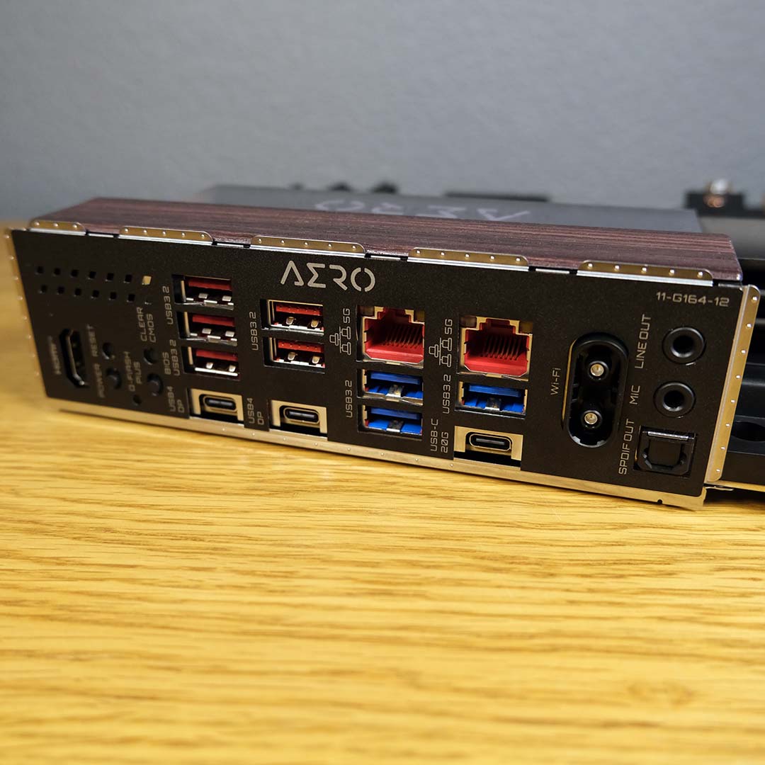 The rear ports on the Gigabyte X870E X3D Dark Wood motherboard.