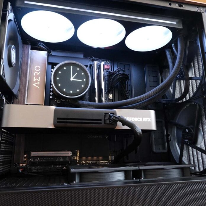 A close-up of the Gigabyte X870E Aero X3D Wood motherboard as part of a complete build.