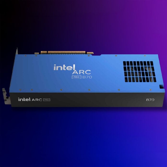 An Intel Arc Pro B70 graphics card, floating against blue-purple hues.