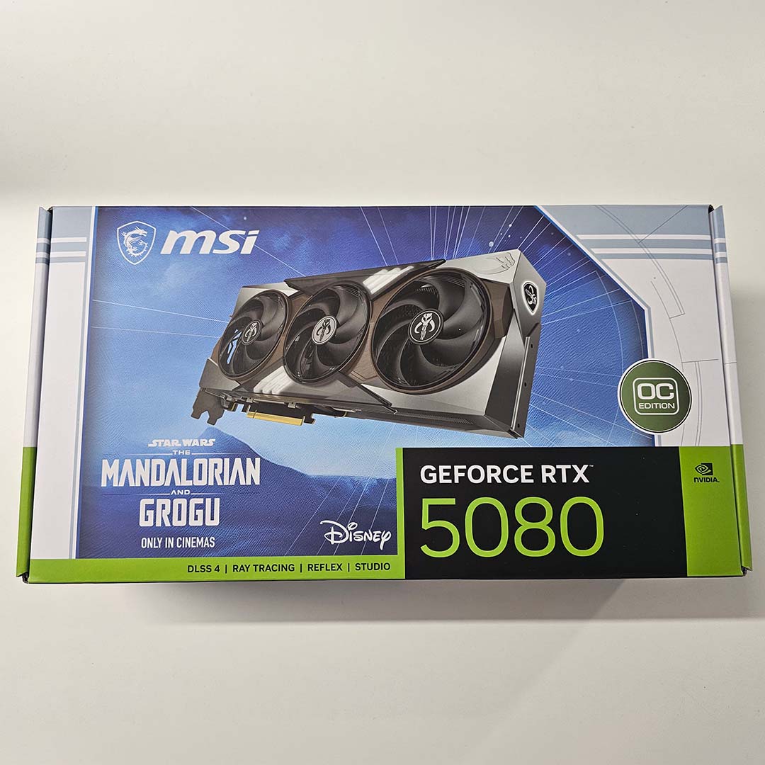 Top-down view of packaging for the MSI GeForce RTX 5080 16GB The Mandolorian and Grogu Edition OC graphics card.
