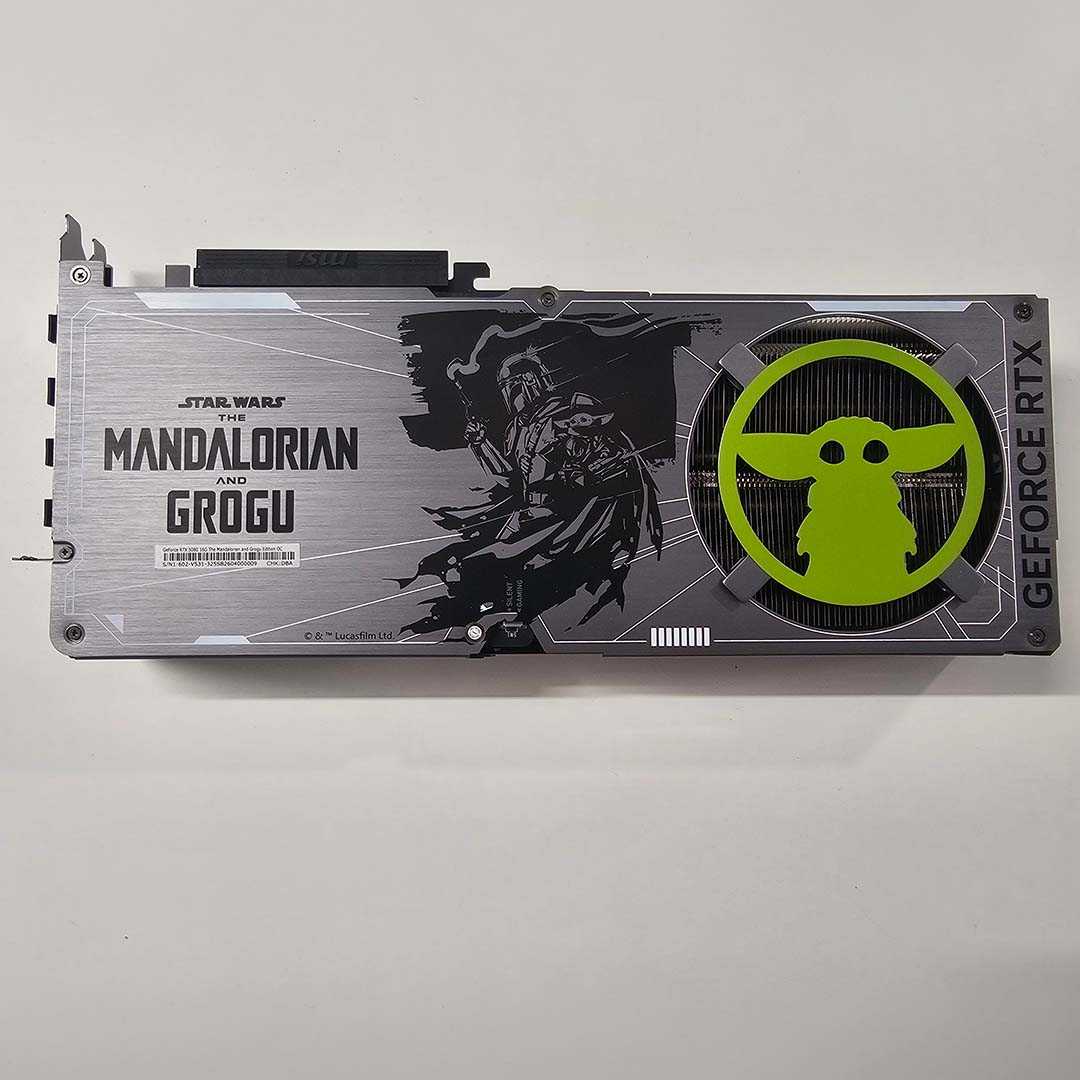 A top-down view of the MSI GeForce RTX 5080 16GB The Mandolorian and Grogu Edition OC, complete with Grogu backplate.