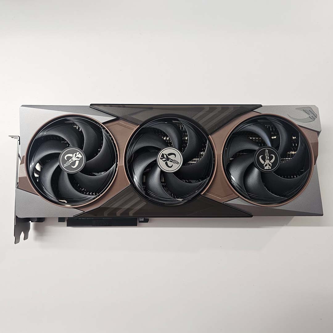 A top-down view of the MSI GeForce RTX 5080 16GB The Mandolorian and Grogu Edition OC.