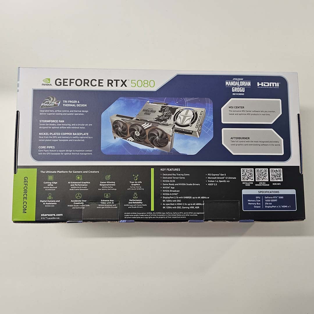 A top-down view of the rear of MSI GeForce RTX 5080 16GB The Mandolorian and Grogu Edition OC's packaging.