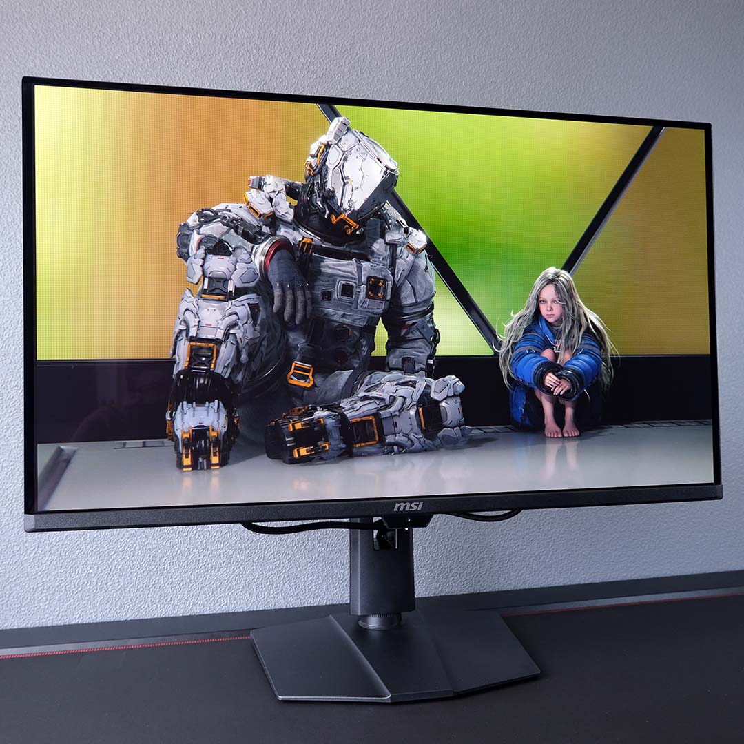 The MSI MPG 322UR QD-OLED X24 displaying artwork from Pragmata.
