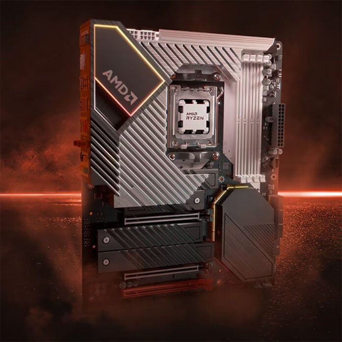 An AMD motherboard, standing upright.