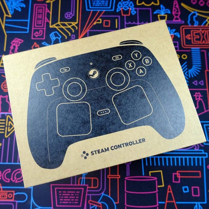 Steam Deck Controller packaging, atop a neon backdrop.