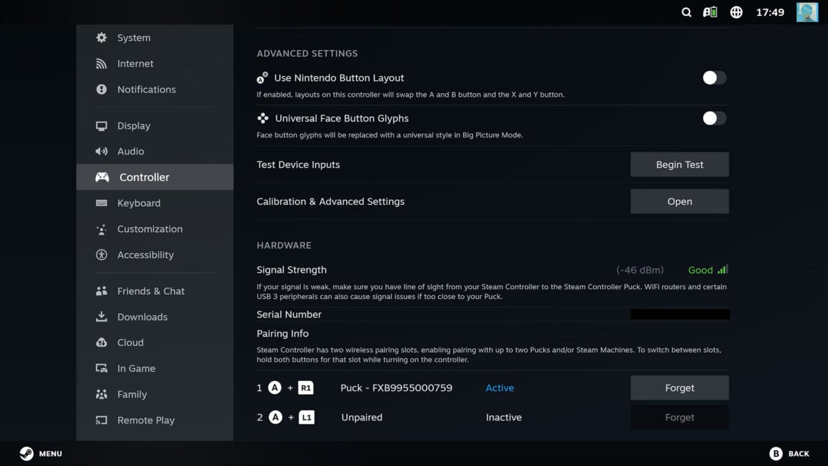 A screenshot of Steam settings menu, detailing Steam Controller options.
