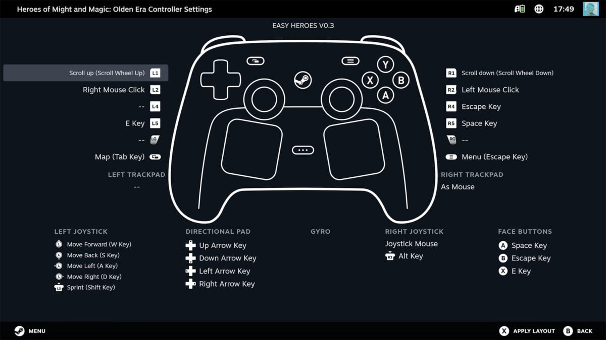 A screenshot of Steam settings menu, detailing Steam Input settings for a Steam Controller.
