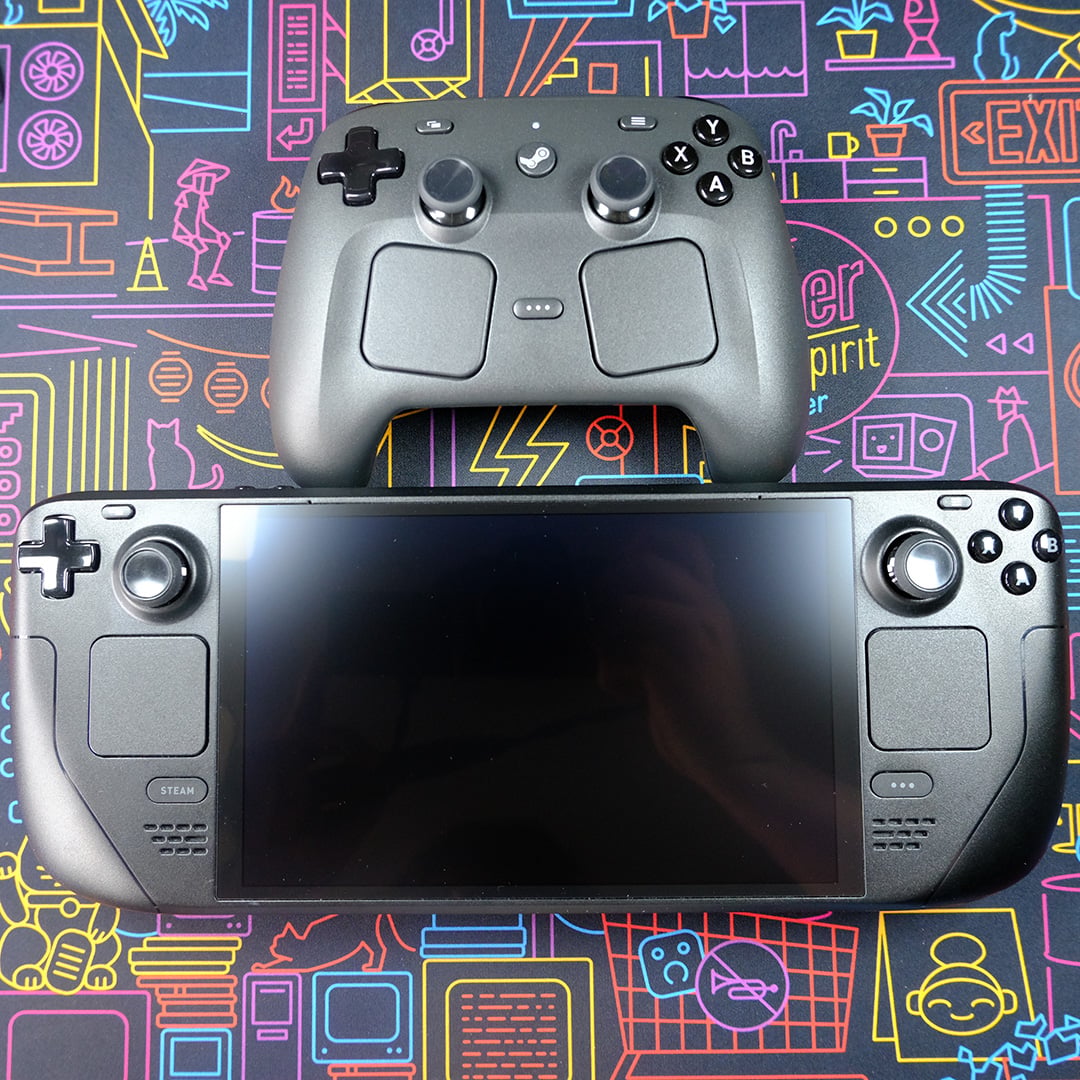 A Steam Controller (top) and a Steam Deck (bottom), atop a neon backdrop.