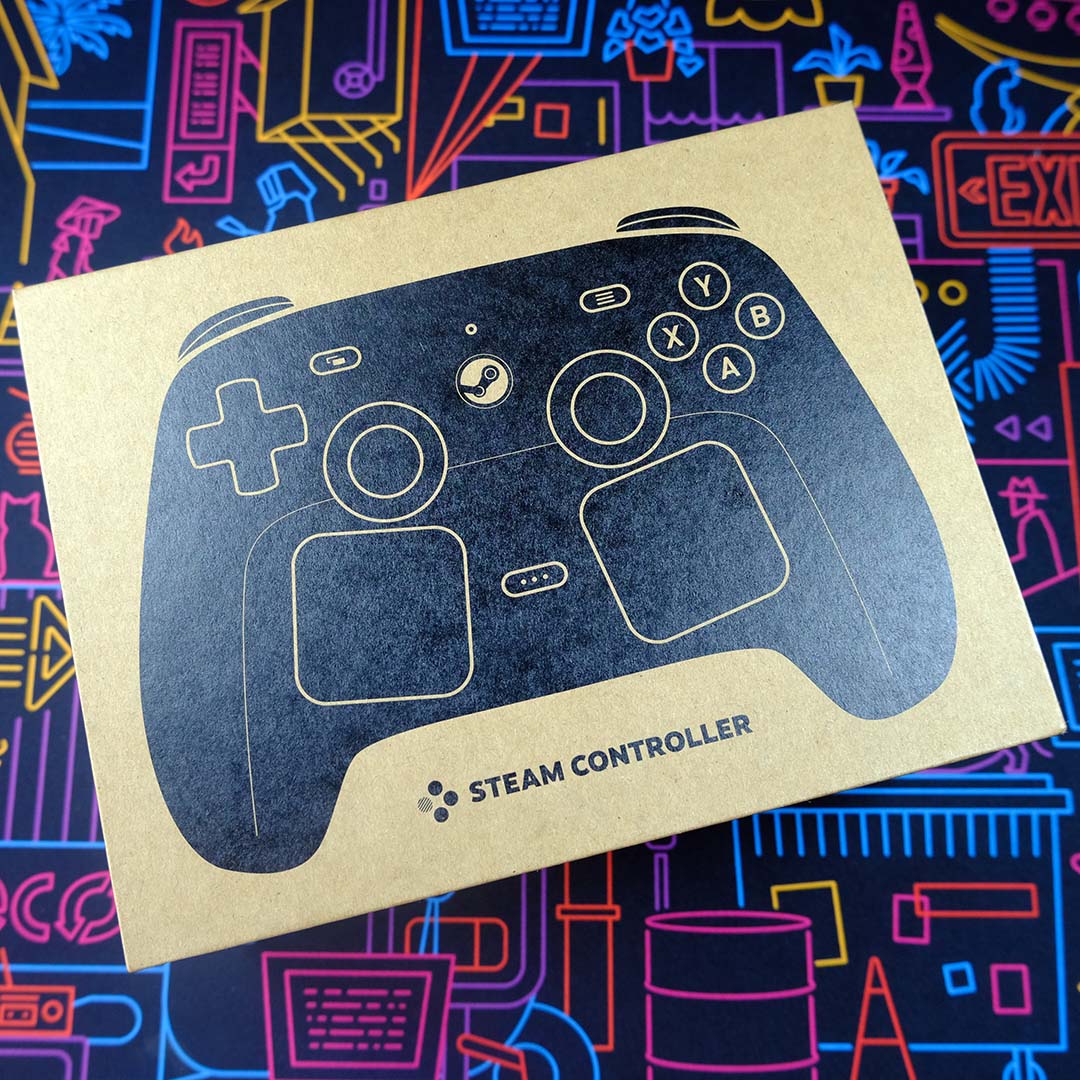 Steam Controller packaging atop a neon backdrop.