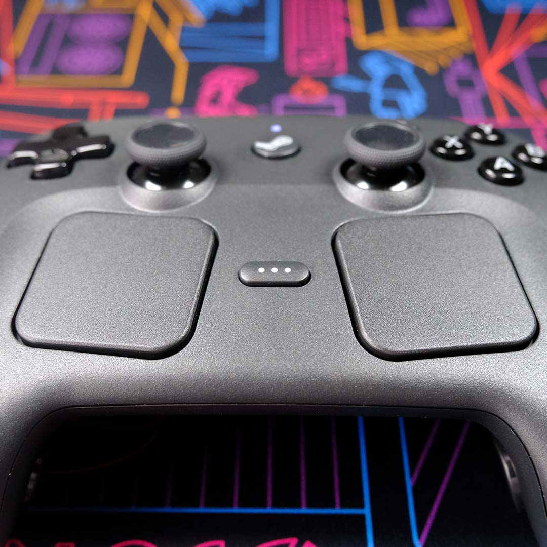 A close-up of the Steam Controller's trackpads.