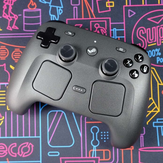 A Steam Controller, atop a neon backdrop.