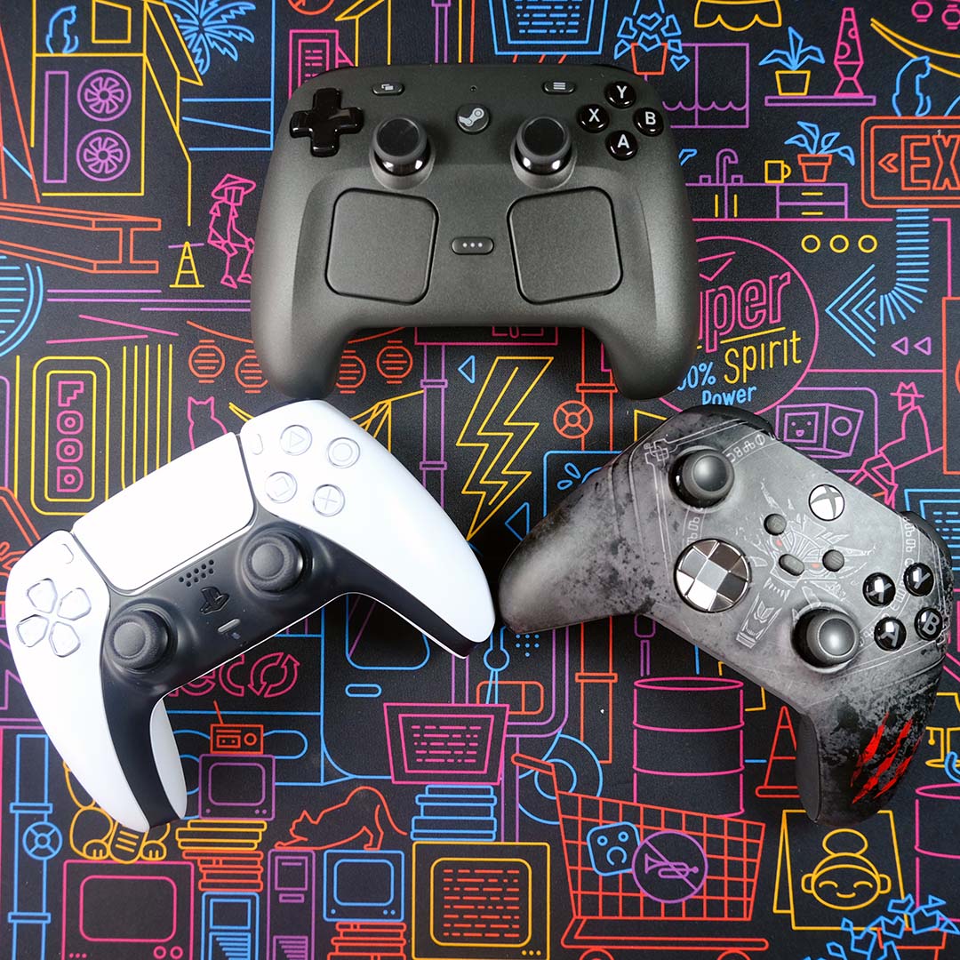 A PlayStation DualSense (left), Steam Controller (top), and Xbox Series controller (right), atop a neon backdrop.
