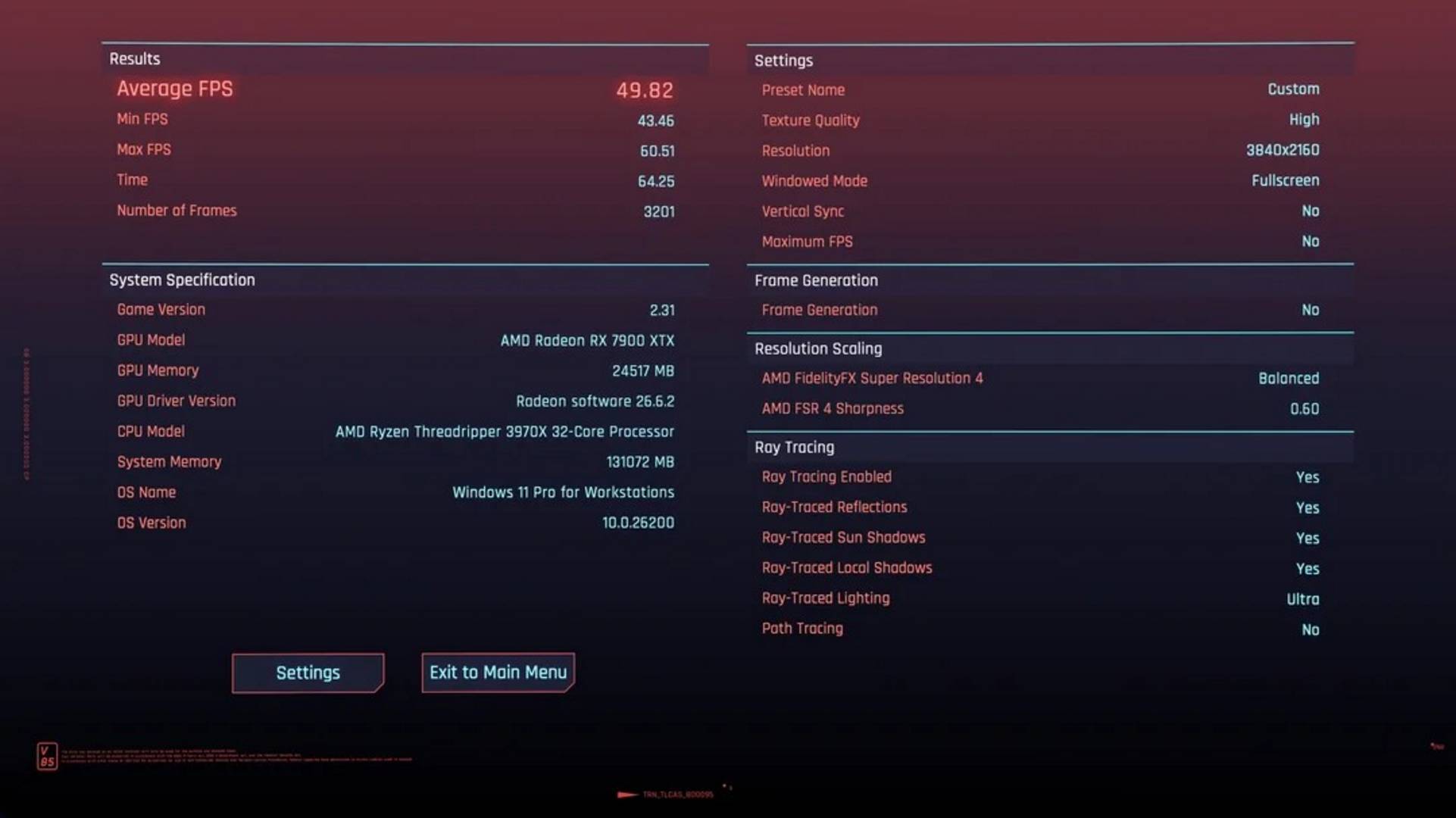 Cyberpunk 2077 with FSR 4.1 Balanced on AMD RX 7900 XTX.