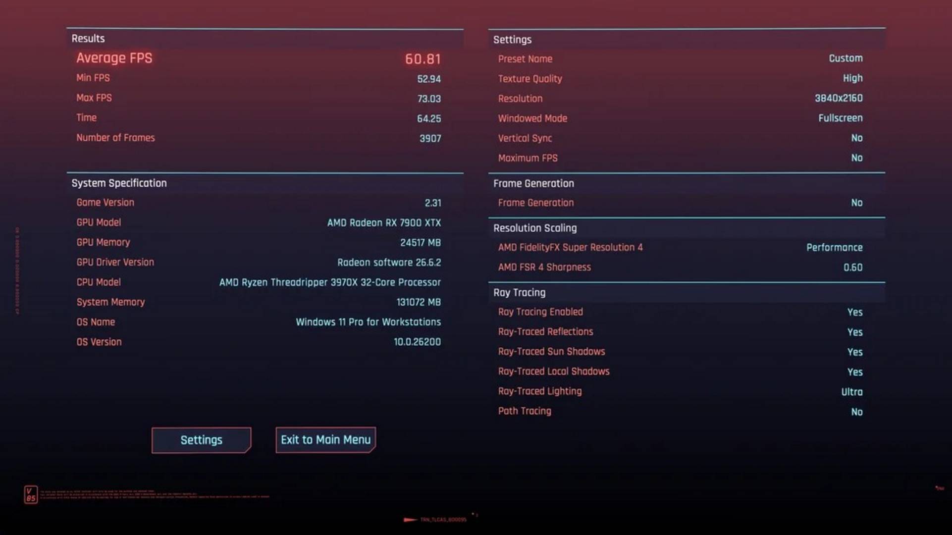 Cyberpunk 2077 with FSR 4.1 Performance on AMD RX 7900 XTX.