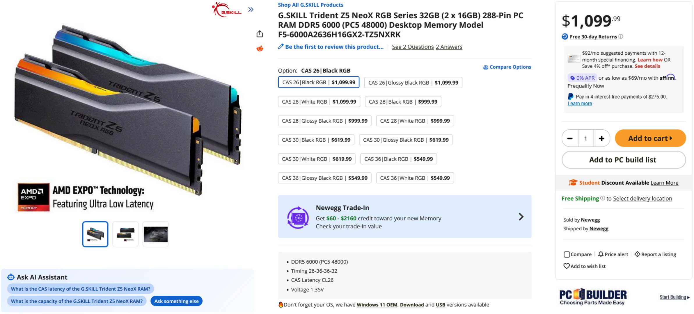 G.Skill Trident Z5 NeoX RGB DDR5 EXPO ULL memory price.
