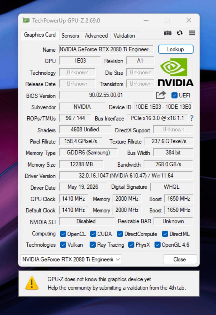 Nvidia RTX 2080 Ti Super - GPU-Z.