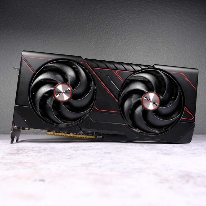 The Radeon RX 9070 GRE, standing upright.
