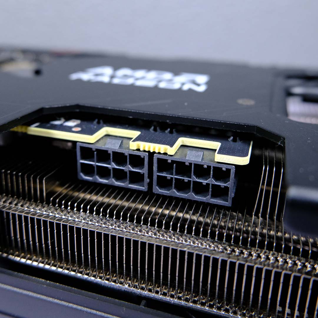 A close-up of the Radeon RX 9070 GRE's power connectors.