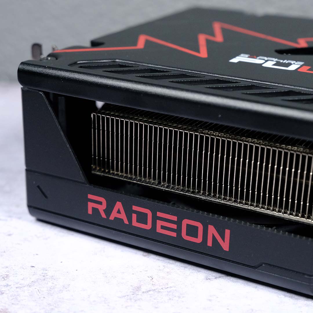 A close-up of the Radeon RX 9070 GRE's Radeon logo.