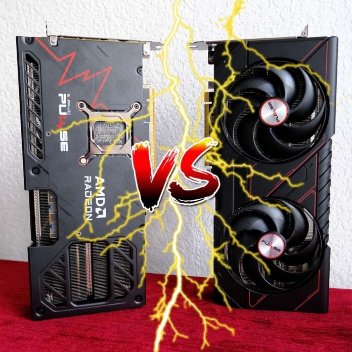 An AMD Radeon RX 9070 GRE (left) and AMD Radeon RX 9070 (right) stand upright on a red surface, separated by a 'VS' symbol and a strike of yellow lightning.