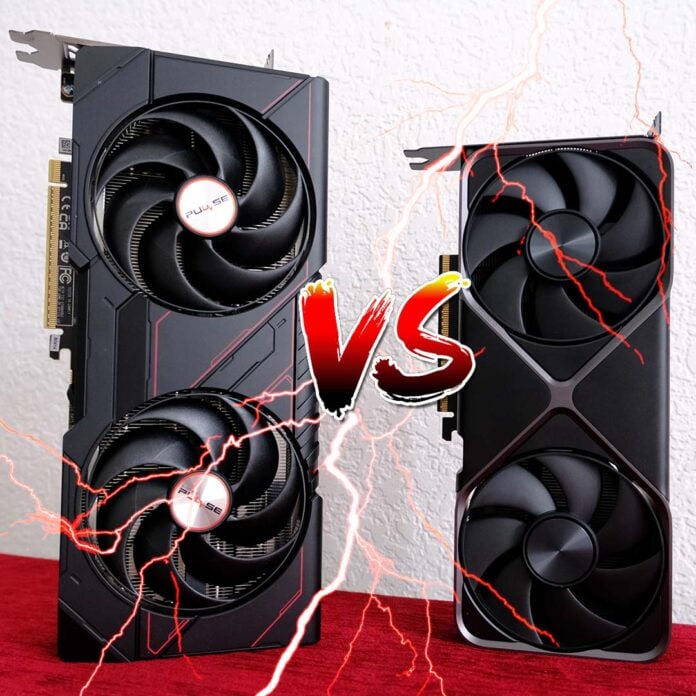 An AMD Radeon RX 9070 GRE (left) and Nvidia GeForce RTX 5070 (right), standing upright, separated by a versus symbol and red lightning.