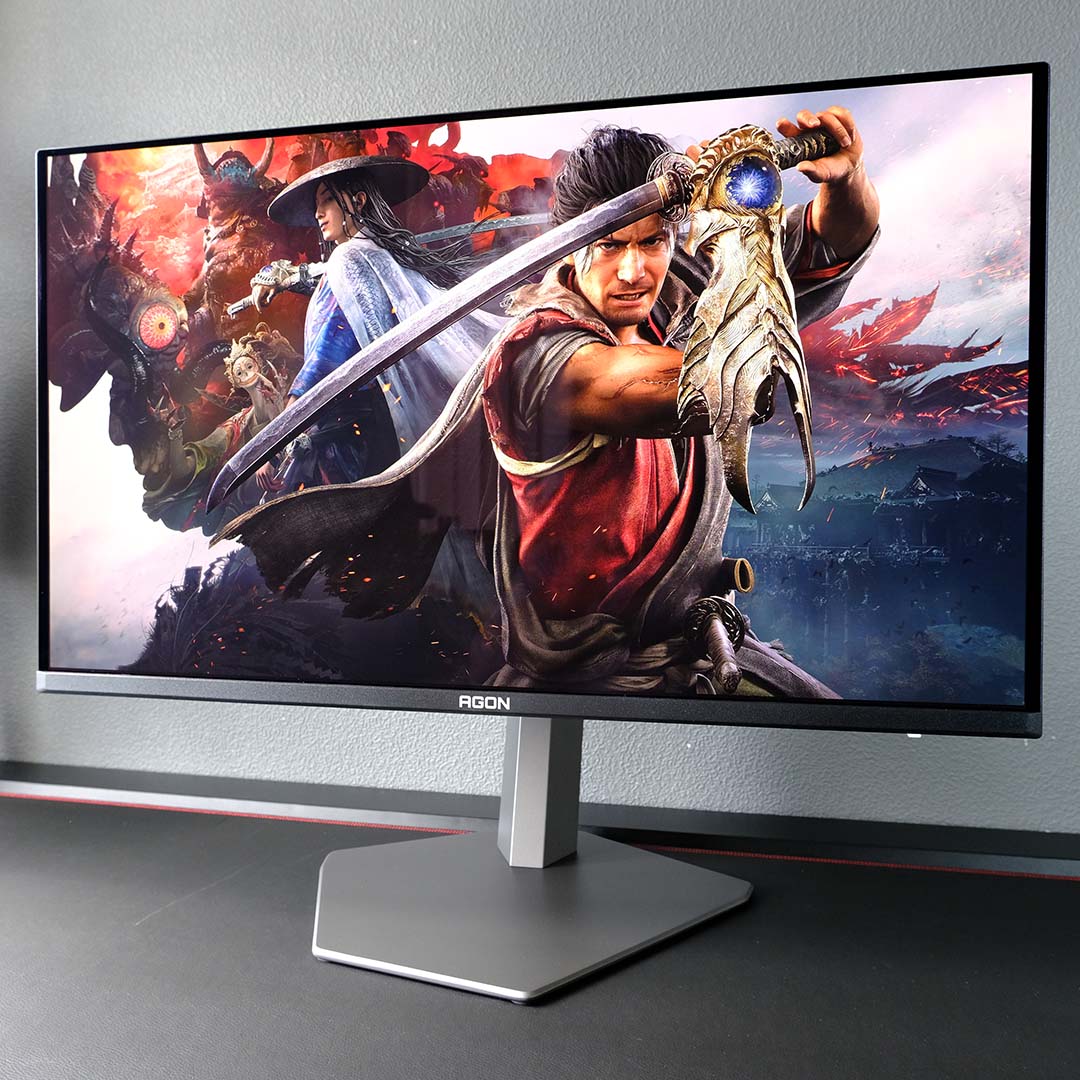 An AOC Agon Pro AG326UZD2 monitor, displaying Onimusha: Way of the Sword artwork.