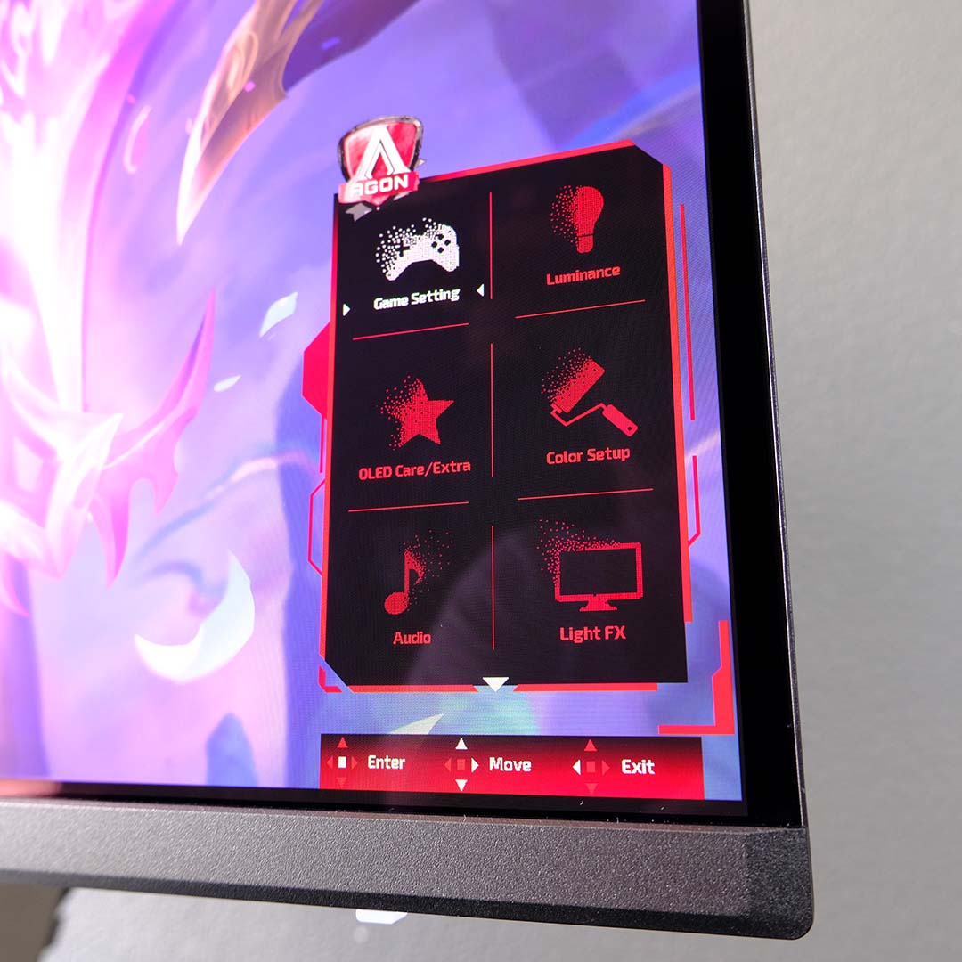 A close-up of the OSD on an AOC Agon Pro AG326UZD2 monitor.