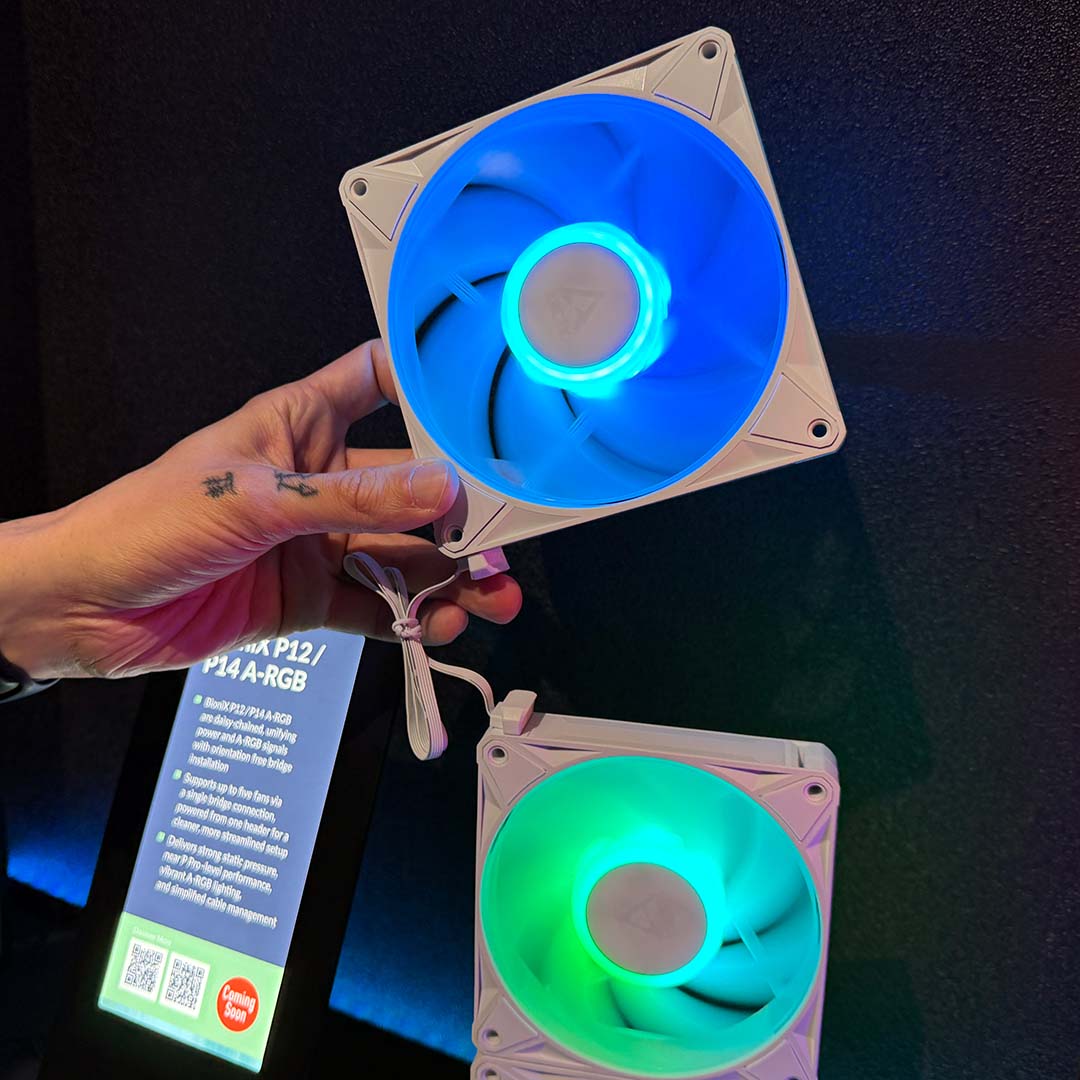 An Arctic BioniX fan, held in a hand (top) with another as part of an array (bottom).