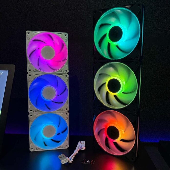 A 360mm Arctic BioniX fan array (left) in white, and a 420mm array (right), in black.