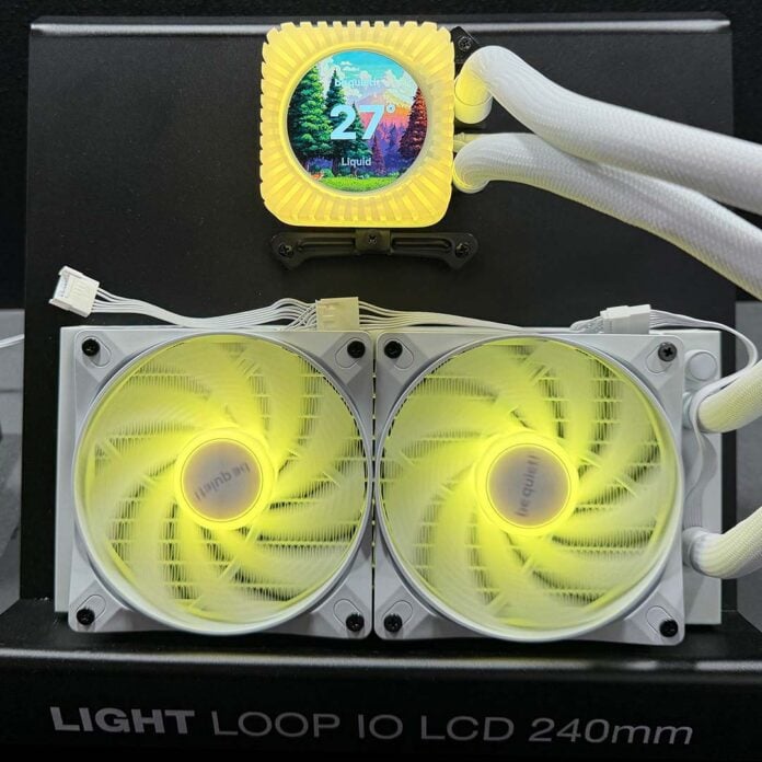 A head-on view of the be quiet! Light Loop IO LCD 240, in white, with yellow LEDs.