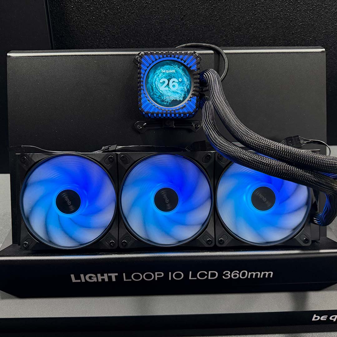 A head-on view of the be quiet! Light Loop IO LCD 240, in black, with blue LEDs.