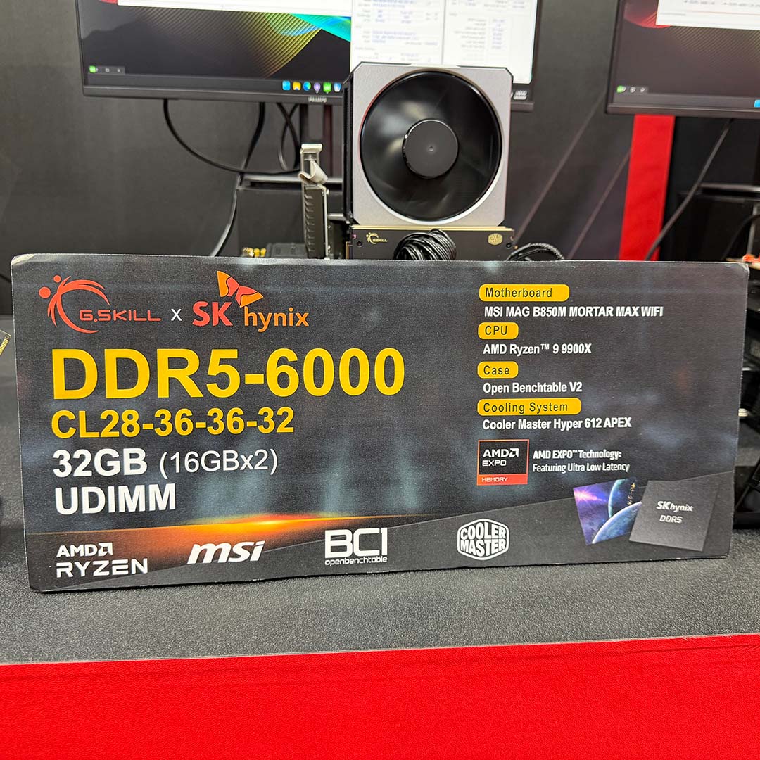 A placard, detailing test system specifications for G.Skill's AMD ULL-EXPO RAM.