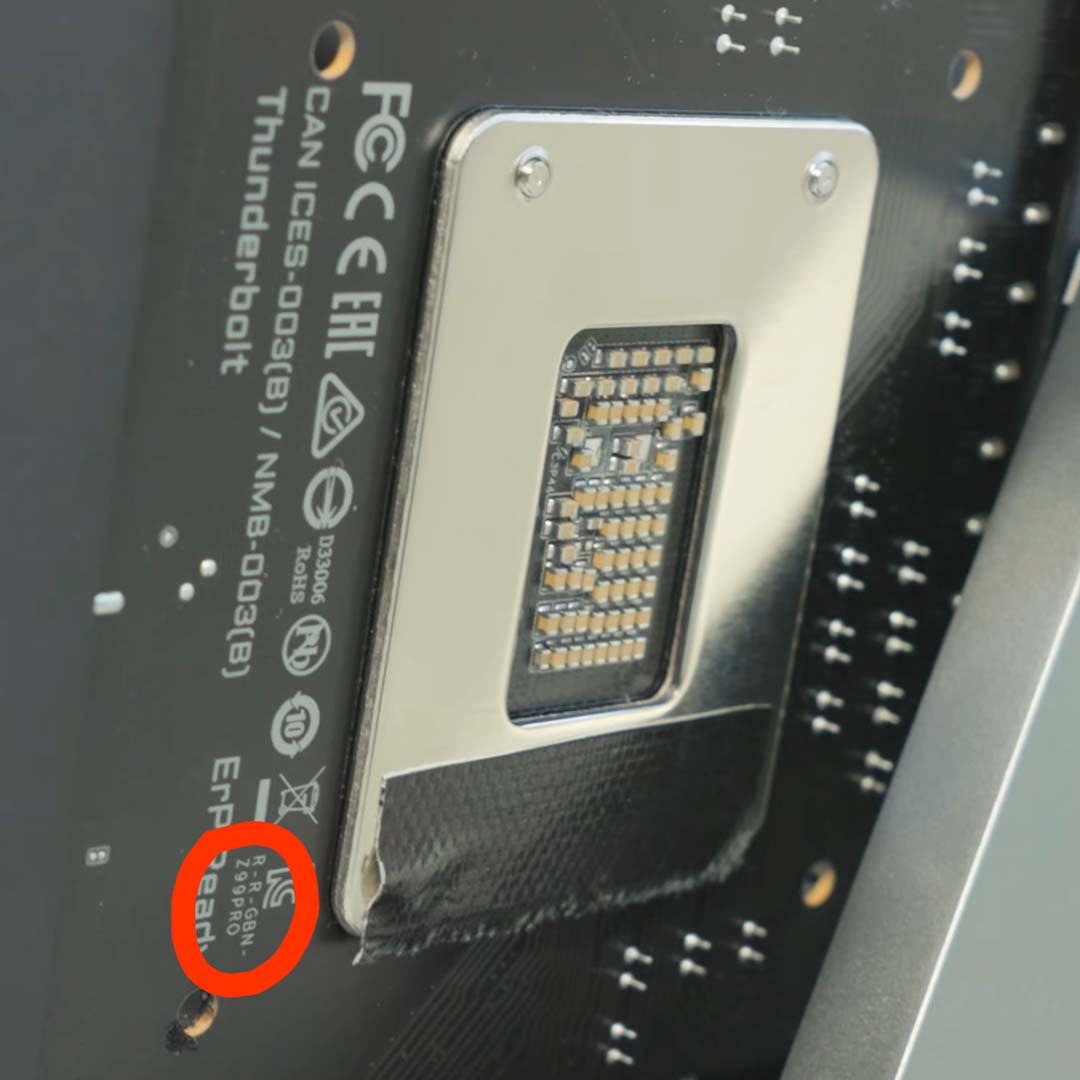 A close-up of the socket reat on the Gigabyte Intel Z990 motherboard, with a circle highlighting 'Z99Pro' text.