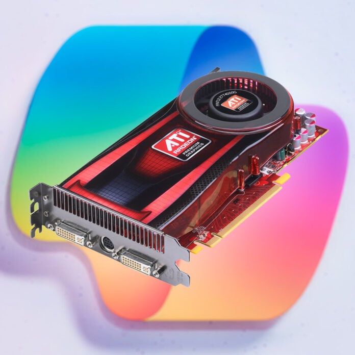 An ATI Radeon HD 4770 graphics card, floating above a Microsoft Copilot logo.