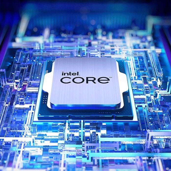 A 3D render of an Intel Core CPU, sat on top of a blue surface.