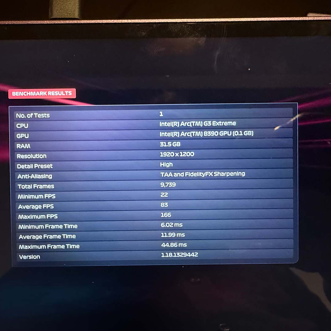 A screenshot of F1 25 benchmark results, run on the MSI Claw 8 EX AI+, using the 'High' preset.