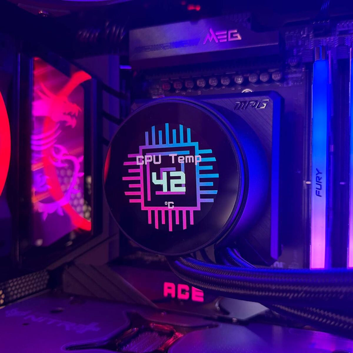 MSI MPG CoreLiquid P22 360 LCD showing CPU temp