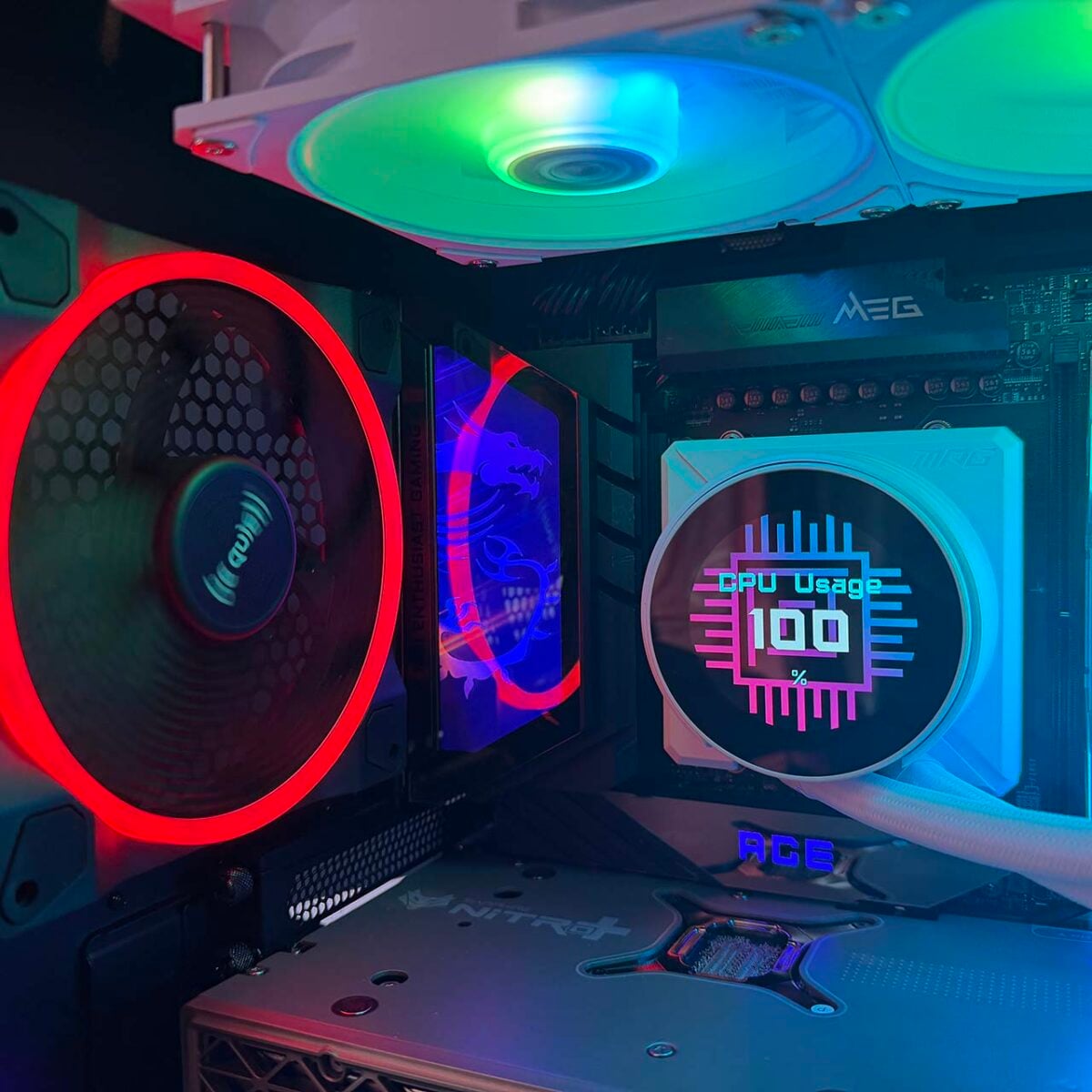 MSI MPG CoreLiquid P22 360 LCD showing CPU usage and RGB fans