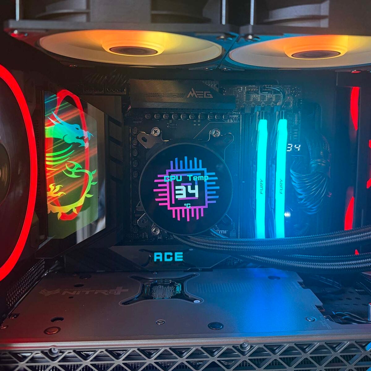 MSI MPG CoreLiquid P22 360 LCD showing CPU temp with RGB fans