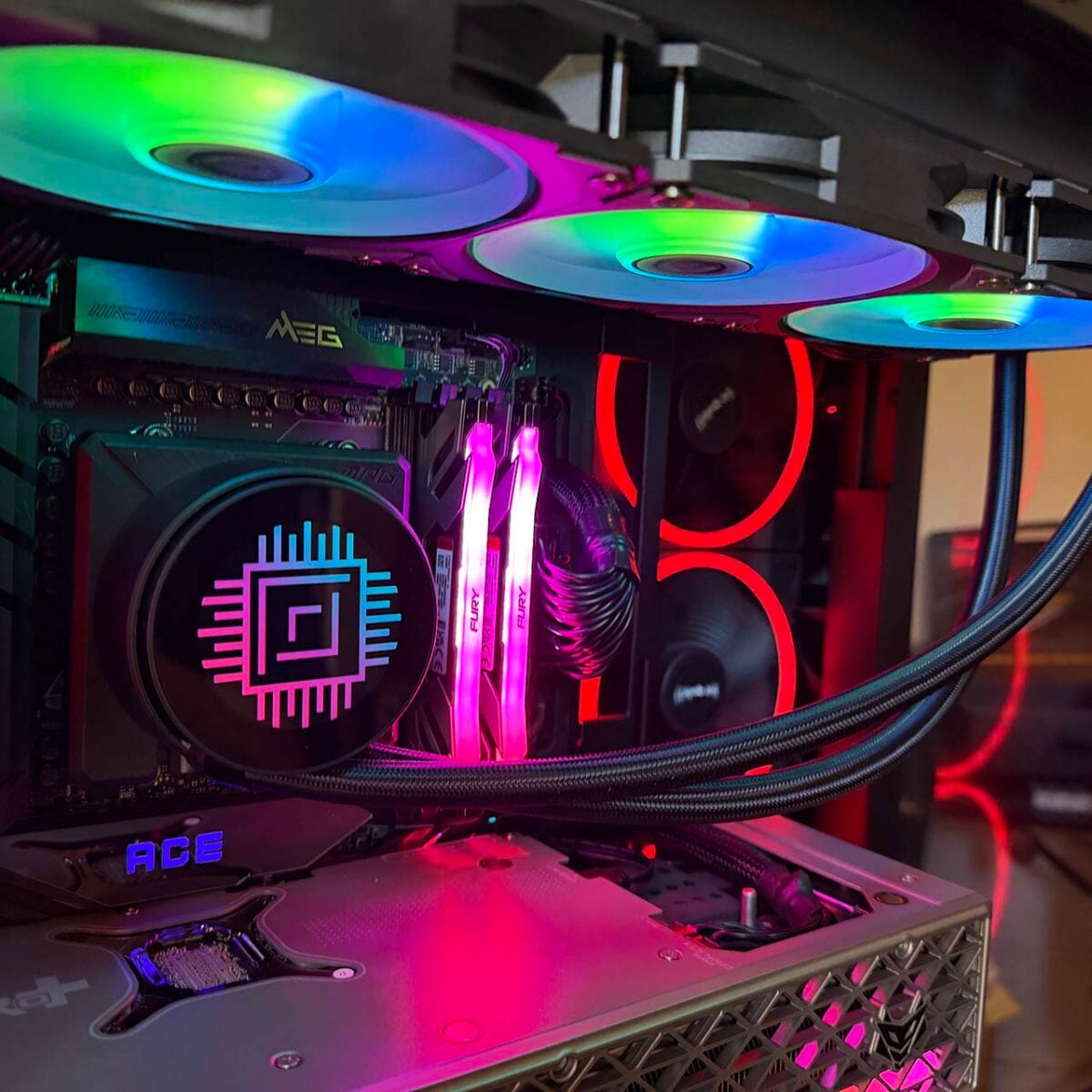 MSI MPG CoreLiquid P22 360 LCD showing CPU temp with RGB fans