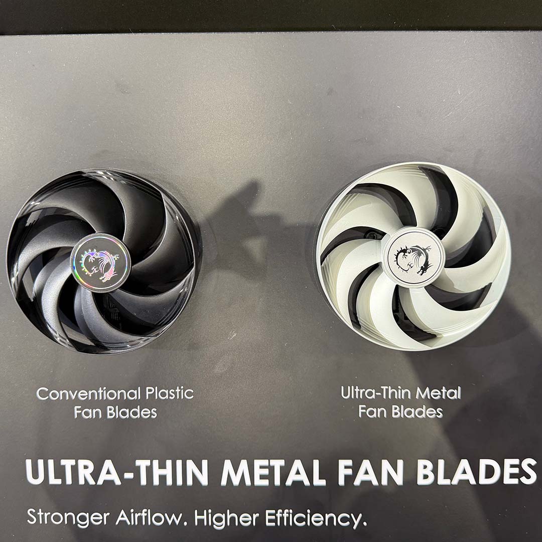 A conventional plastic fan (left) and ultra-thin metal fan (right).