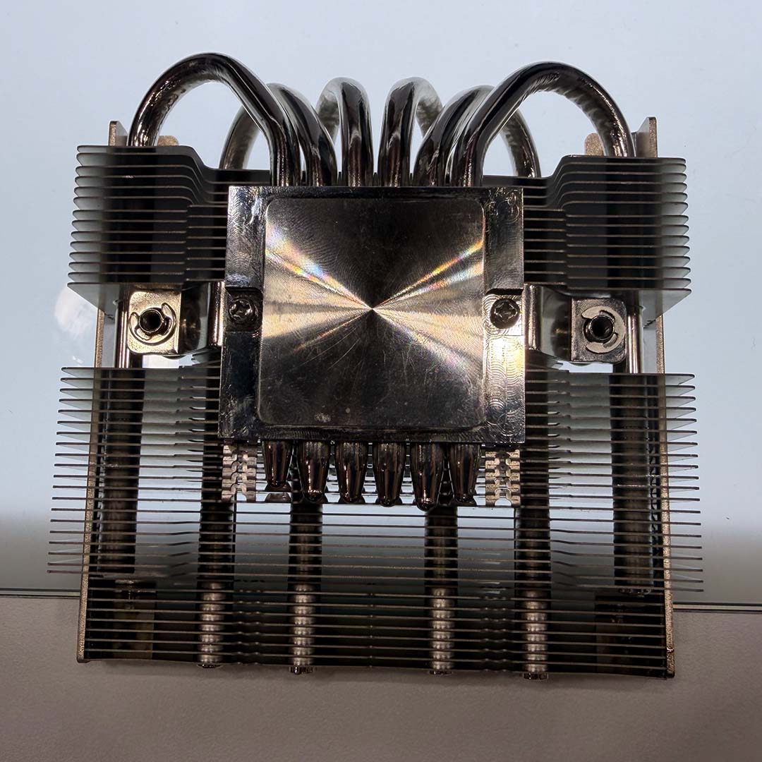 An underside view of Noctua's prototype low-profile AM5 CPU cooler.