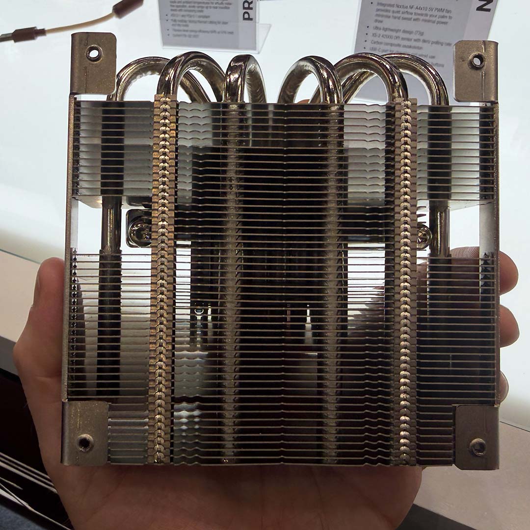 An top-down view of Noctua's prototype low-profile AM5 CPU cooler, sans fan.