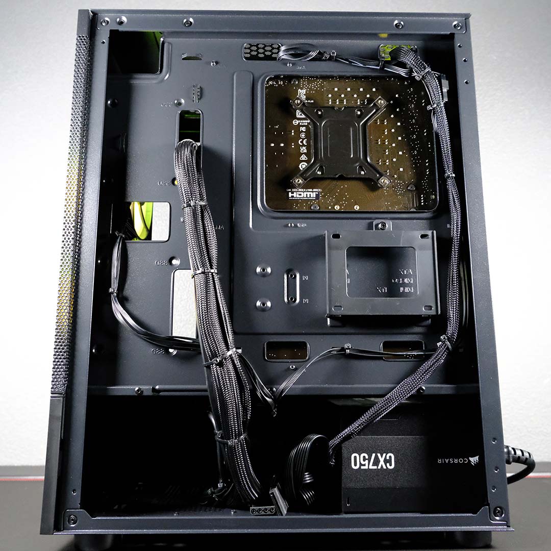 The rear chamber of the PCSpecialist Storm Elite II, showcasing cable management.