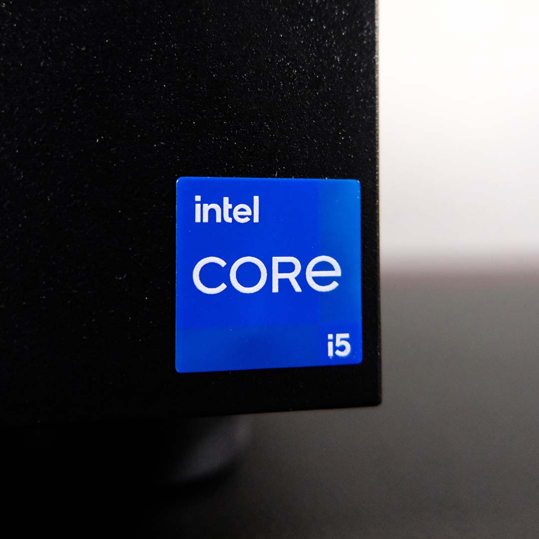 A close-up of the Intel Core i5 sticker on the PCSpecialist Elite Storm II.